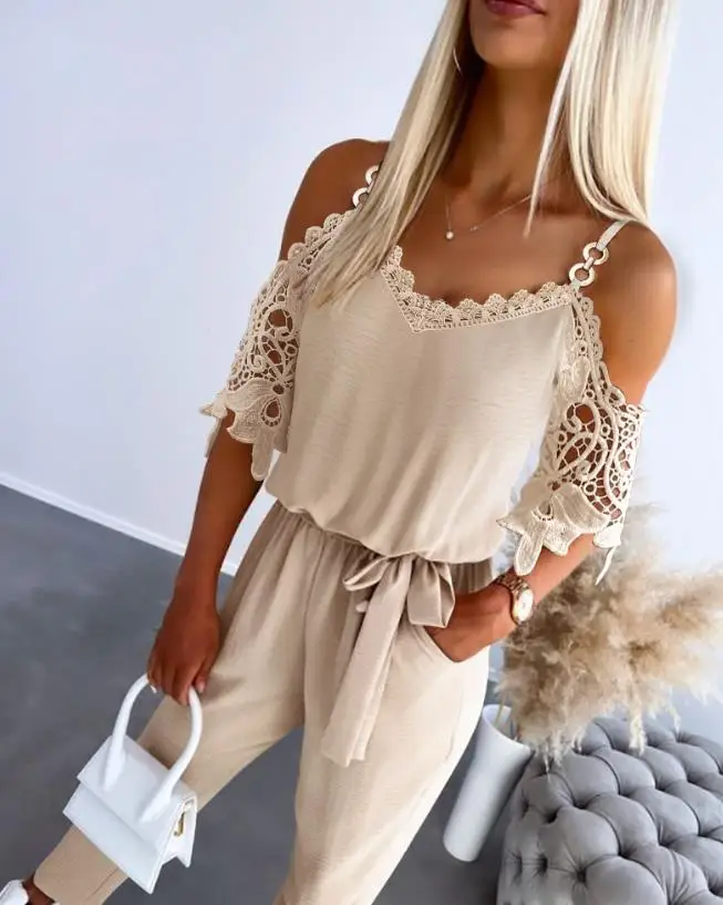 

V-Neck Spaghetti Strap Metal Chain Decor Lace Trim Overalls Casual Eyelet Embroidery Elastic Waist Jumpsuit With Pockets
