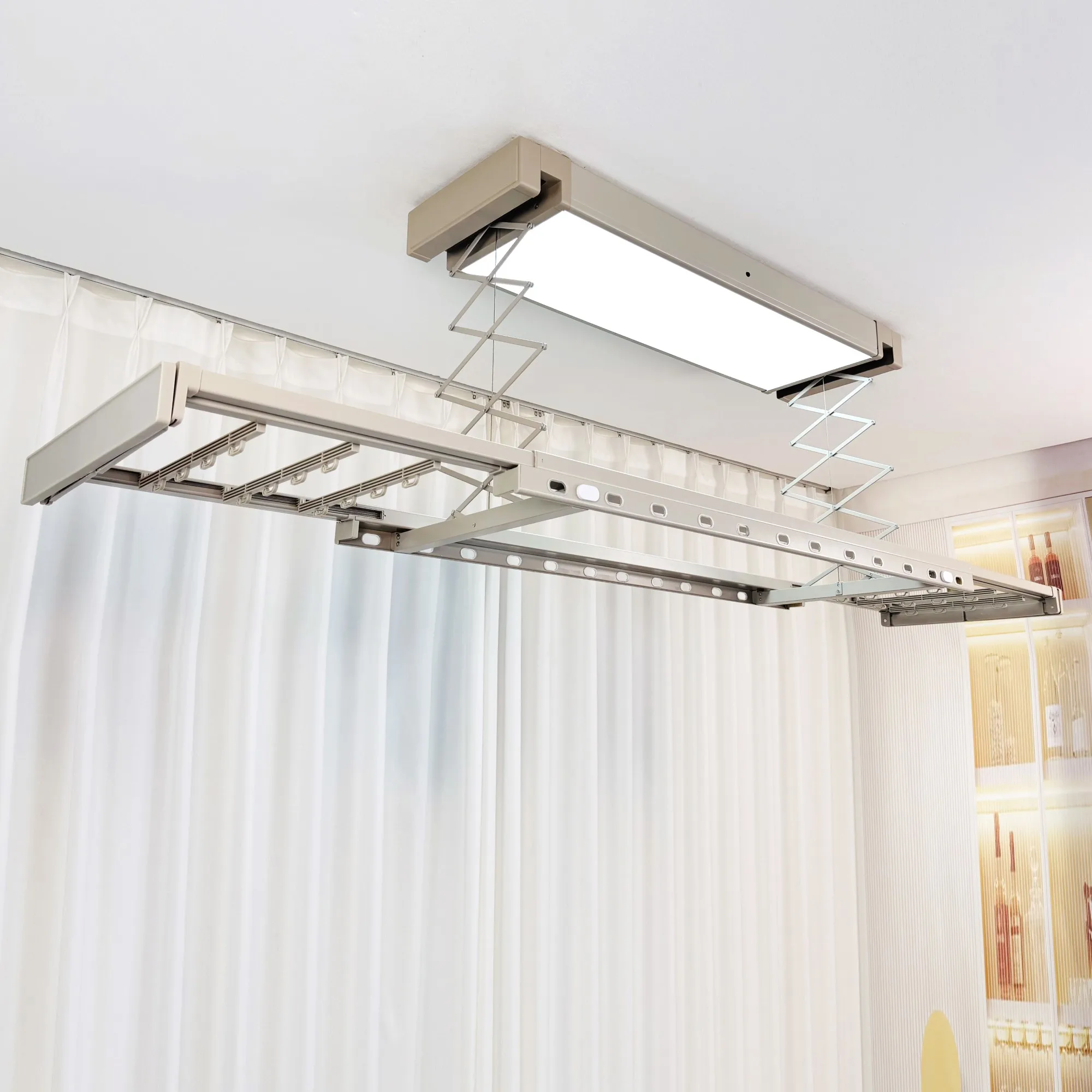 Factory Supply Foldable DC Motor Quiet LED Lighting Electric Clothes Drying Rack Remote Control Ceiling Embedded Indoor