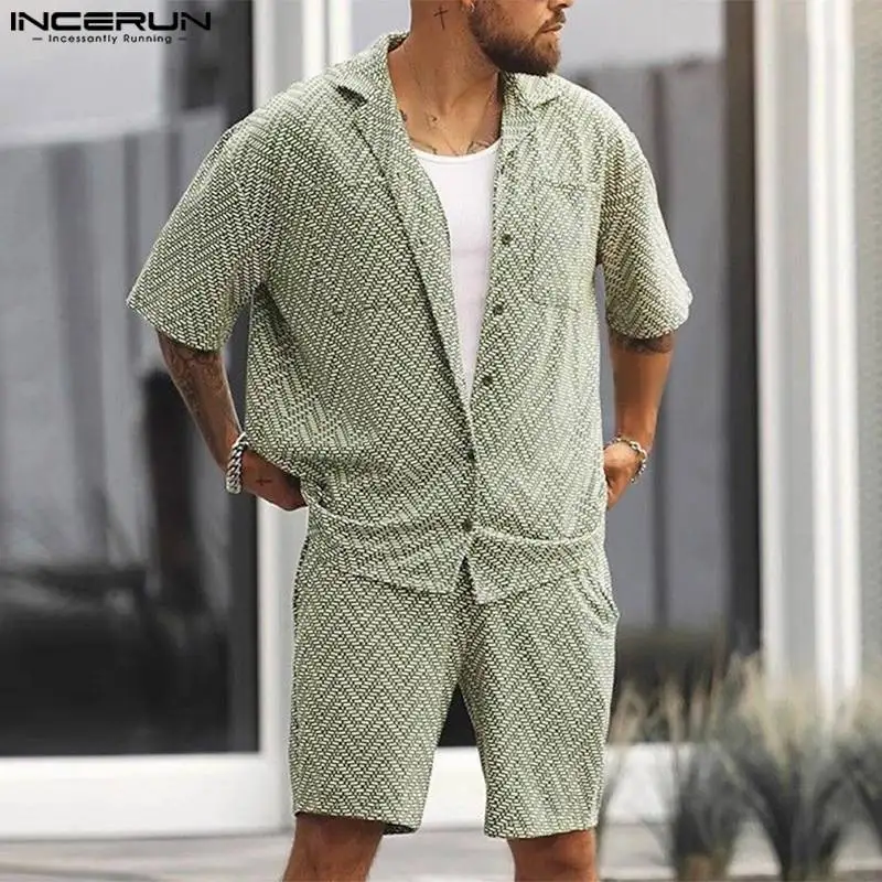 INCERUN 2024 American Style Sets Summer Mens Short Sleeved Shirts Shorts Casual Streetwear Male Ripple Print Two-piece Set S-5XL