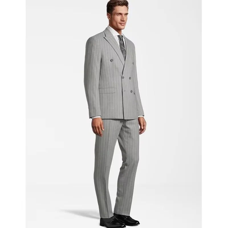 طقم بدلة مخططة ضيقة مزدوجة الصدر للرجال لملابس رسمية لحفلات الزفاف مناسبة للعمل (سترة + بنطلون) #1