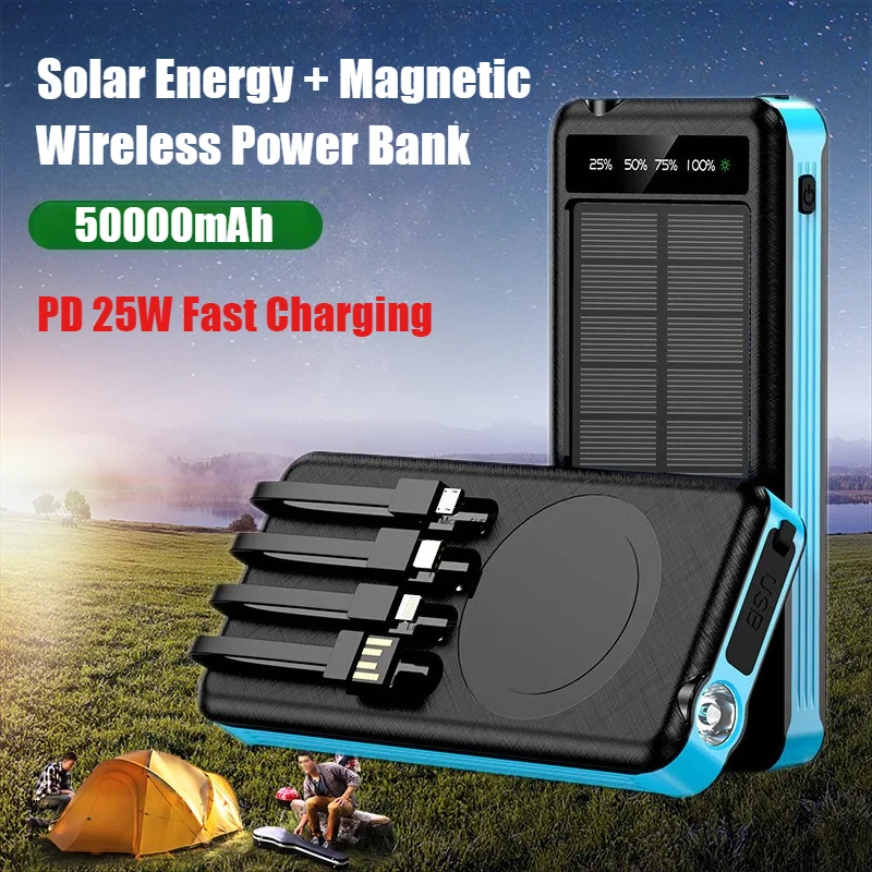 

New Solar Power Bank Comes with 4 Cables 50000mA Magnetic Wireless Fast Charging Mobile Supply Battery for iPhone Samsung Xiaomi