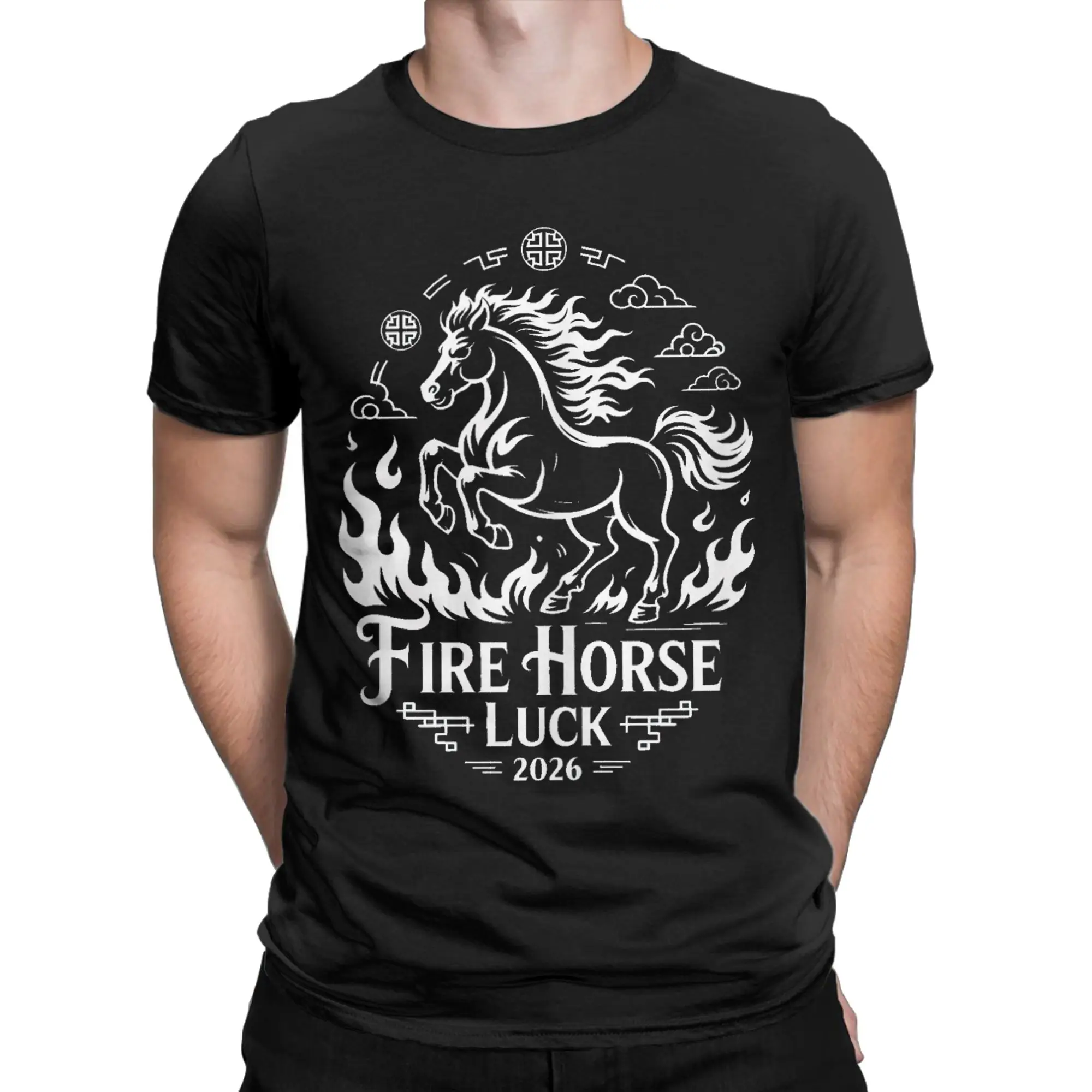 Fire of Fortune Chinese New Year Fire Horse 2026 Cotton T-Shirt Man Summer Vintage T Shirts O-Neck Trendy Tee Shirt Design Tops