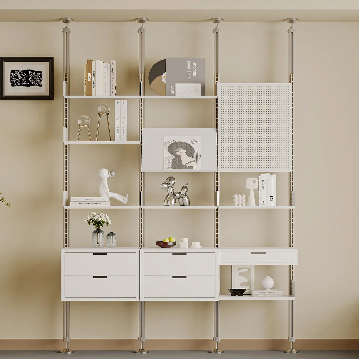 Non-punching aluminum profile rack, multi-functional creative living room storage display rack, indomitable entrance rack