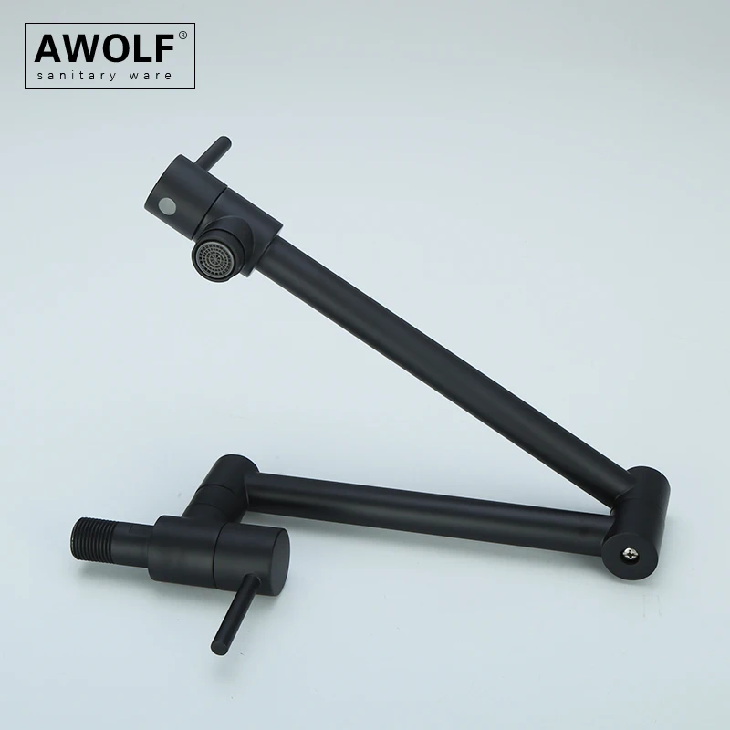 Awolf Matt Black Pot Filler Kitchen Faucet Wall Mounted Folding Faucet Tap 360 Degree Rotation Solid Brass Sink Water Tap FW008