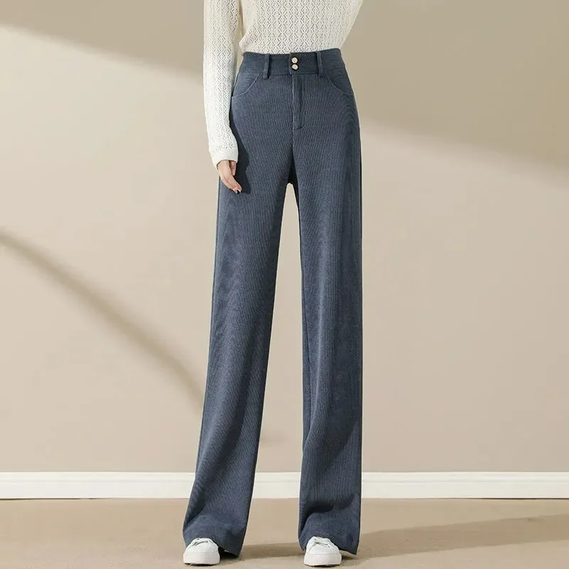 

New Elegant Vintage Baggy Straight Corduroy Pants Women New Spring Solid High Waist Soft Pants Female Classic Wide Leg Trousers