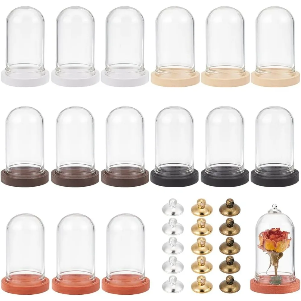 15 Set Mini Eternal Flower Glass Dome Cloche with Knob Dome Mini Cloche Bell Jar with 5 Colors Wood Base for Flower Plants