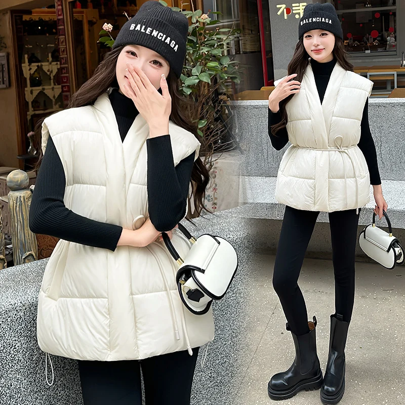 Women V-Neck Sleeveless Parkas Vest Autumn Winter Female Waist Tie Belt Quilted Waistcoat Side Pockets Outerwear Padded Jackets