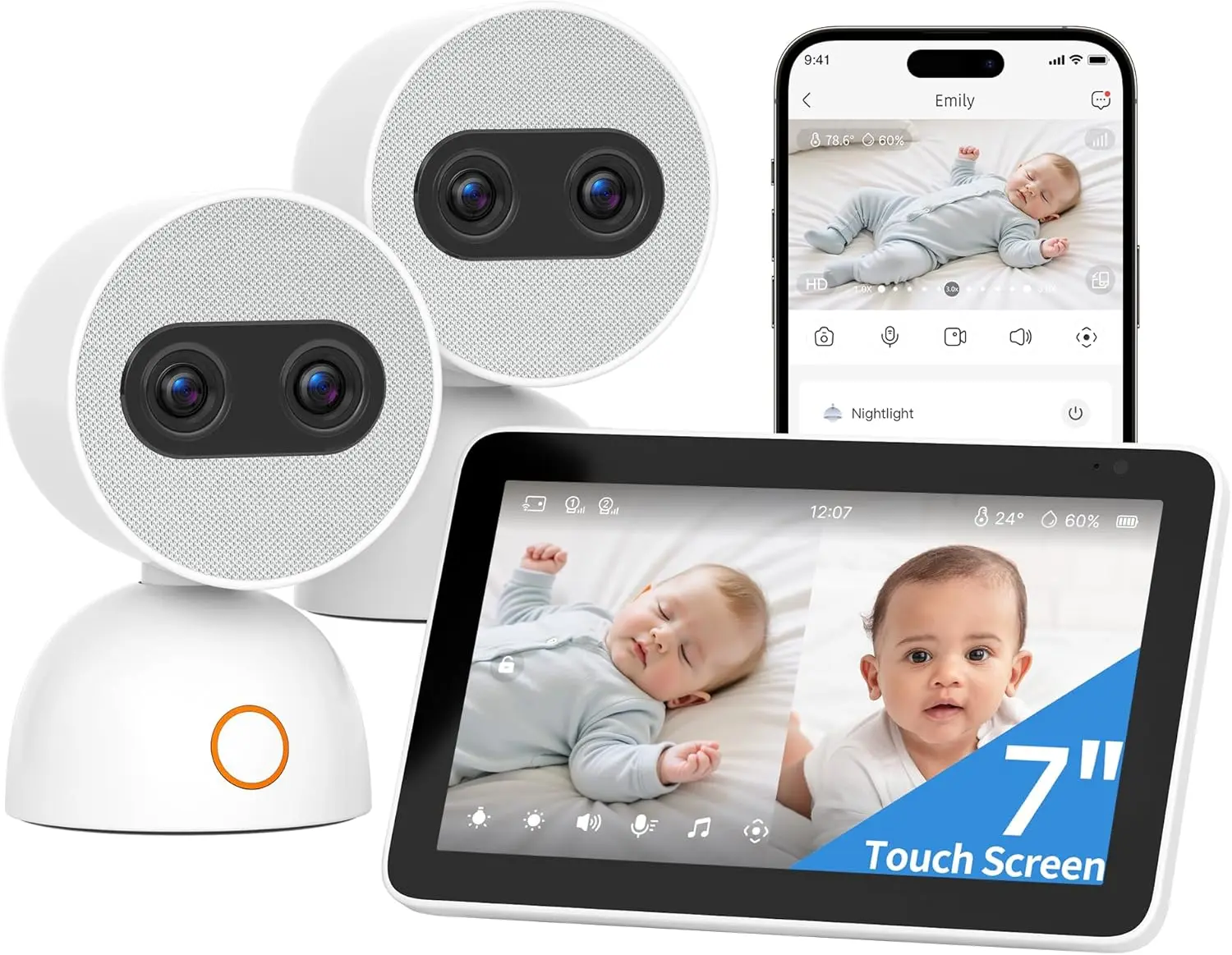 

Split Screen Video Baby Monitor with 2 Cameras, Dual 4MP Cameras with 6X Zoom, 7" UHD Touch Screen Portable Audio Baby Monitor,