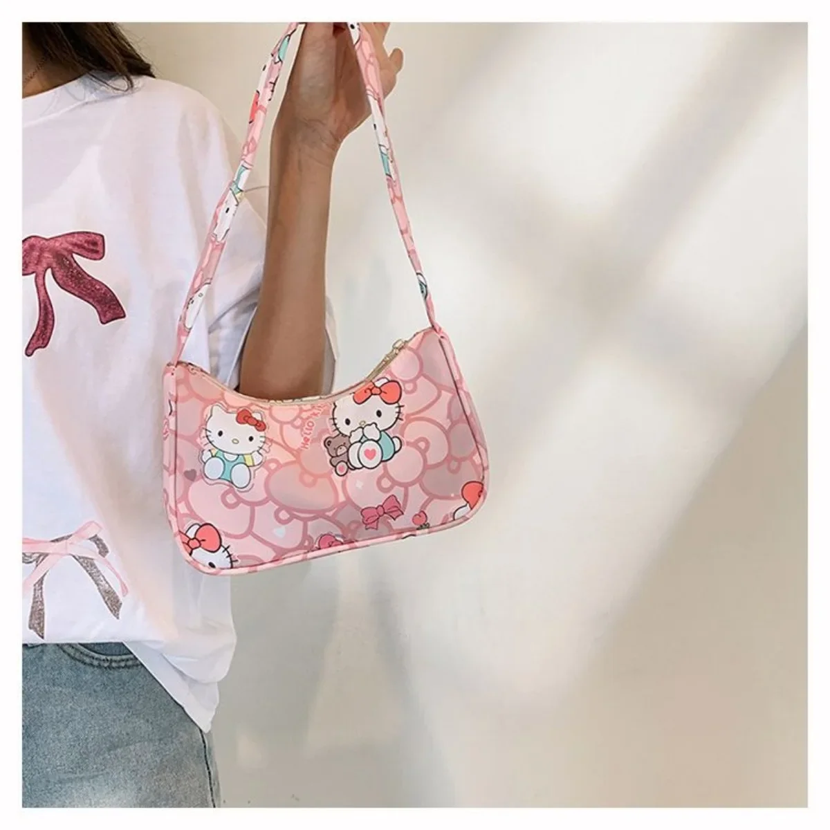 Bolsa de ombro Hello Kitty MINISO nas axilas crossbody portátil bolsa de armazenamento de cosméticos para meninas