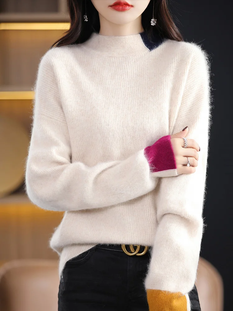 Women's Mock Neck 100% Mink Cashmere Sweater Pullovers Long Sleeve Chic Thick Knitwear Autumn Winter Korean Style Clothing Tops