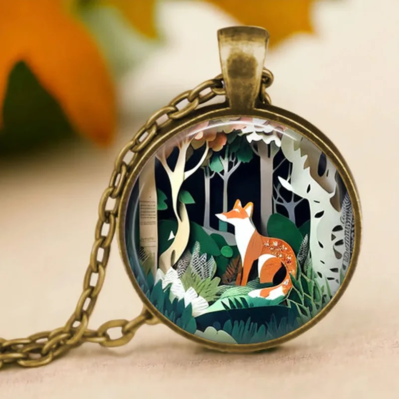 Runde Vogel Katze Libelle Fuchs Cabochon Glas Anhänger Halskette für Frauen Mädchen Wald Tier Schmuck