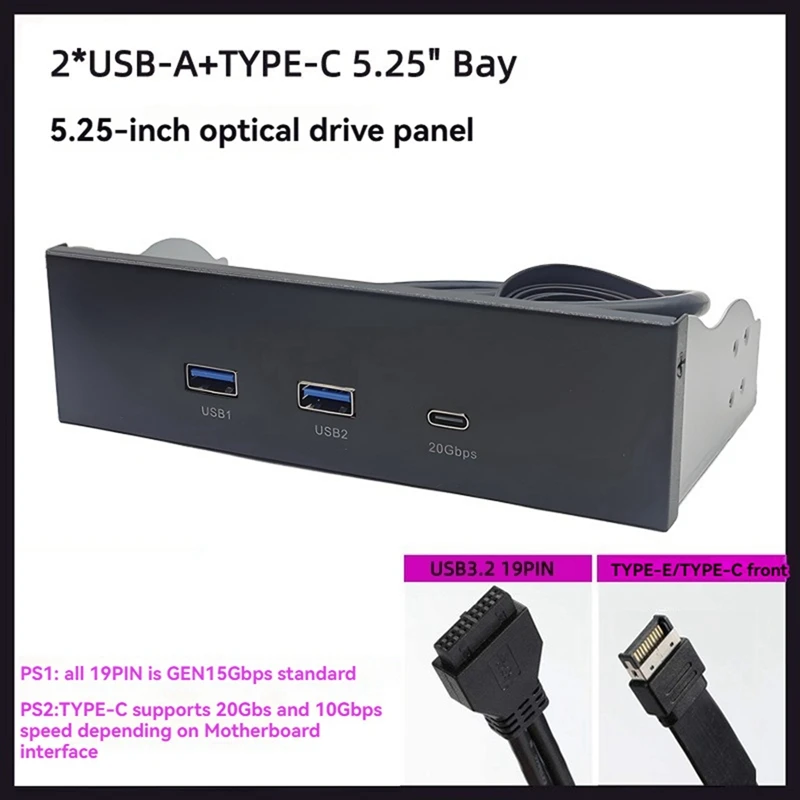 Pannello frontale USB per PC 2 porte USB 3.2 GEN1 5Gbps + 1 porta TYPE-C Hub 10Gbps/20Gbps per desktop Bay unità floppy da 5,25 pollici