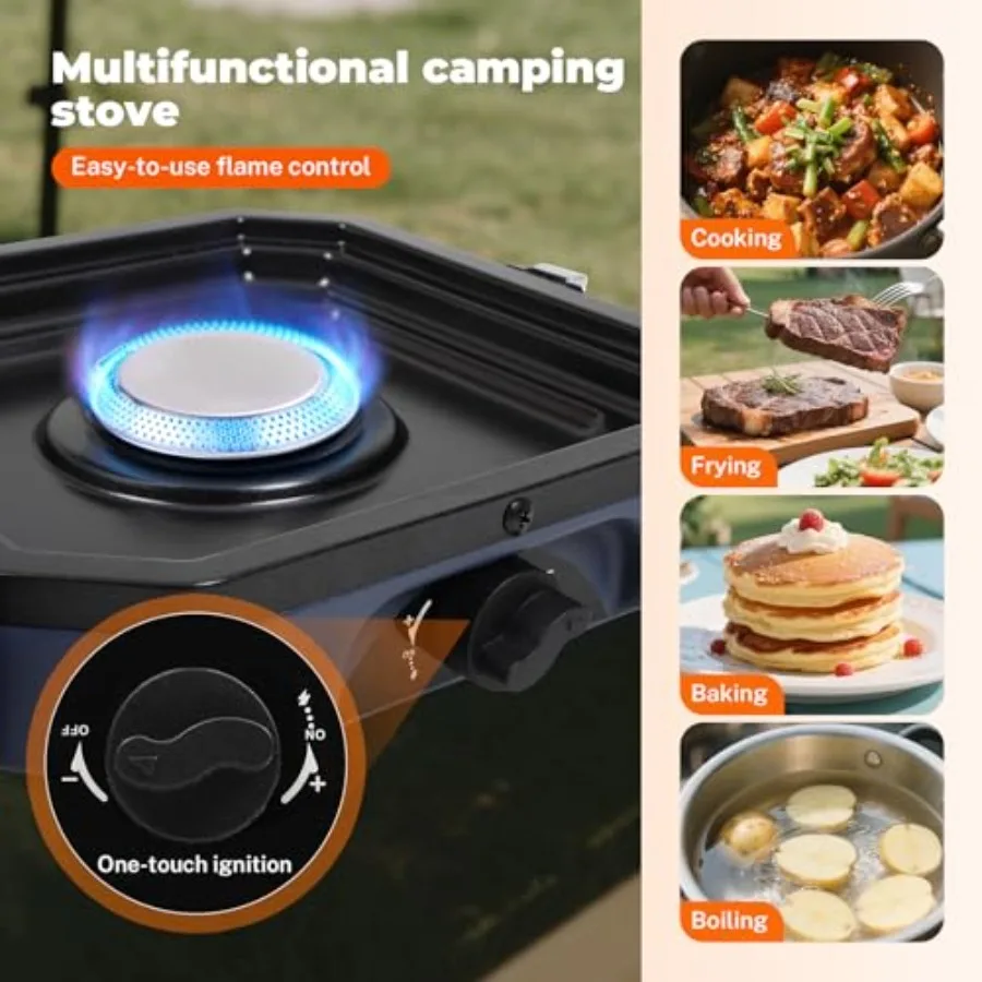 موقد بروبان محمول قابل للتعديل بشعلتين مع وحدة حرارية بريطانية 16000 وحدة حرارية بريطانية وإشعال بيزو للتخييم في الفناء الخلفي للشواء يتضمن مدمجًا