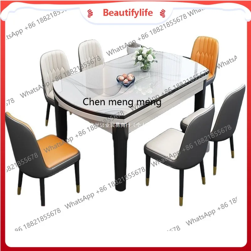 

Rock slab dining table and chair combination retractable folding storage square, household, hidden induction cooker H