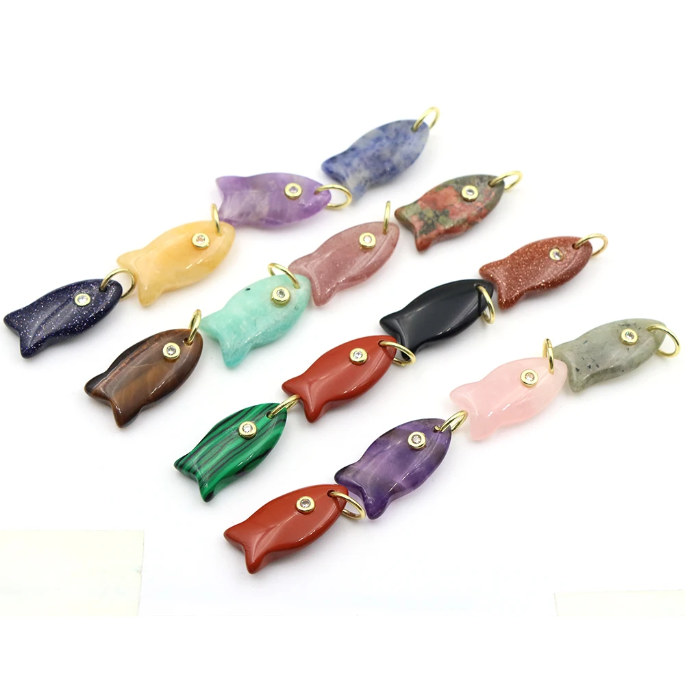 25mm Natural Stone Big Fish Pendant with White Zircon DIY Jewelry Making Charm for Necklace Bracelet Earrings Accessorie Finding