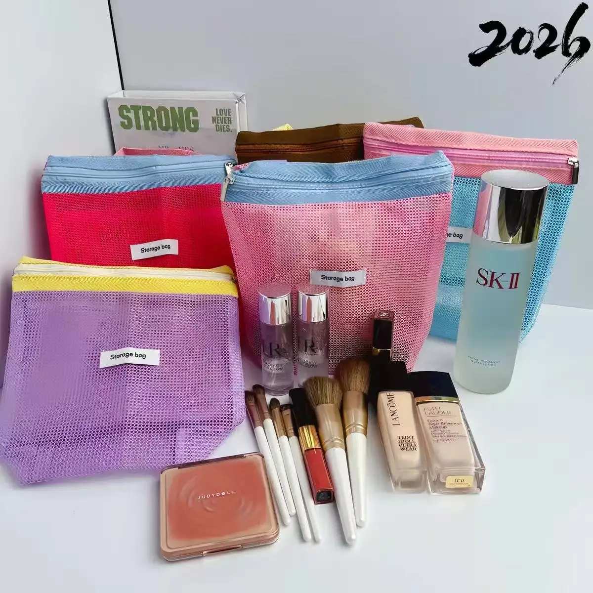 Ins Style Vibrant Bright Color Summer Mesh Tote Bag Small Cosmetic Bag Handbag Foldable Portable Toiletry Bag Women's Beach Bag image 3