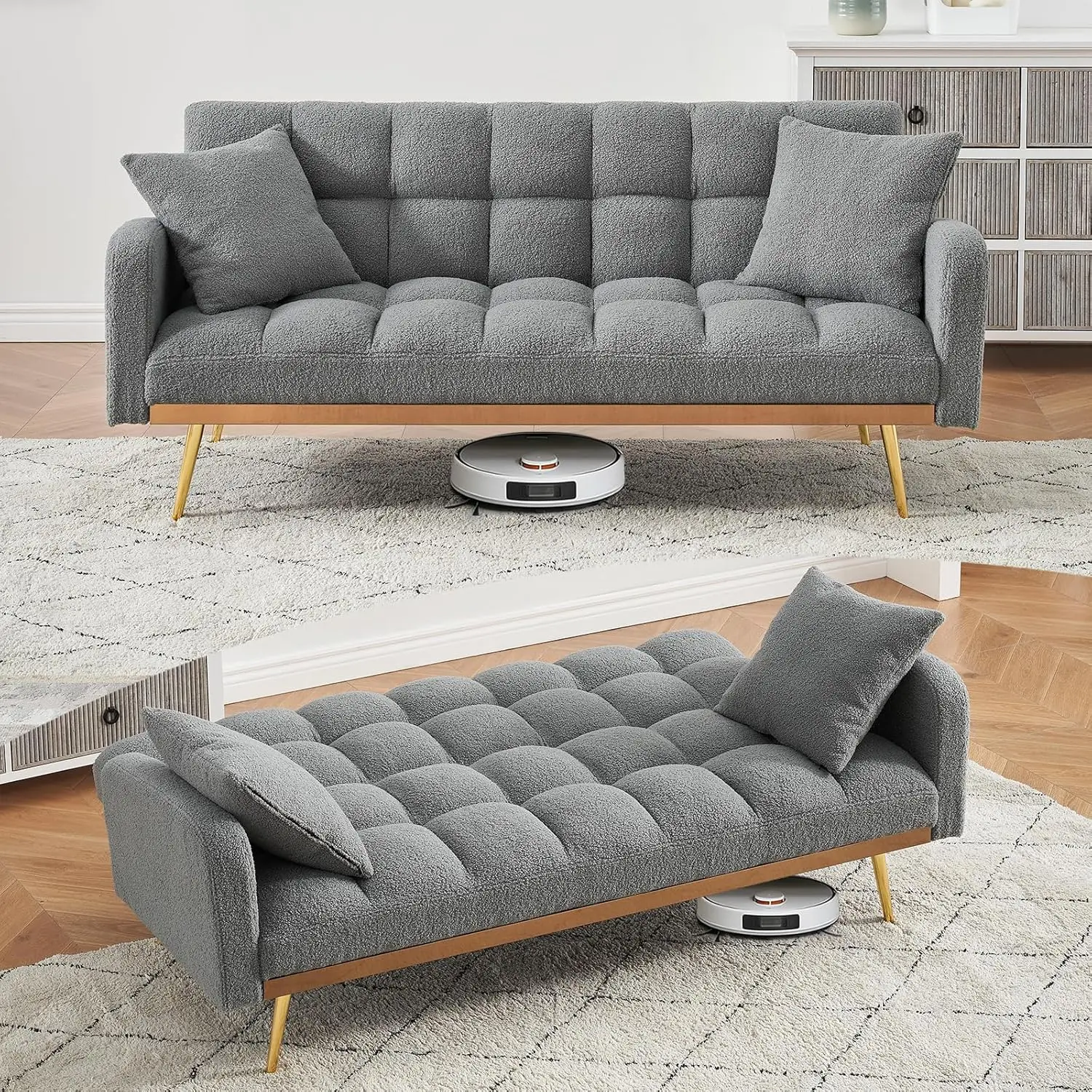 #Folding Futon Sofa Bed Convertible Sleeper Adjustable Backrest Chrome Legs Pillows Small Space