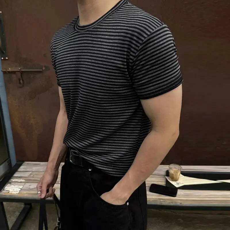 Korean Trendy Striped Short Sleeve Men's T-shirt 2026 Summer Pure Cotton Round Neck Elastic Slimfit Tee Pullover Top VDF56