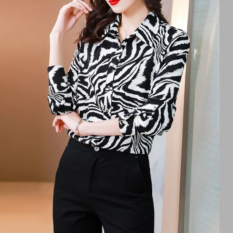 Women Elegant Zebra Print Work Wear Button Chiffon Shirts Spring Autumn Korean Long Sleeve Loose Blouse Top Blusas Mujer De Moda