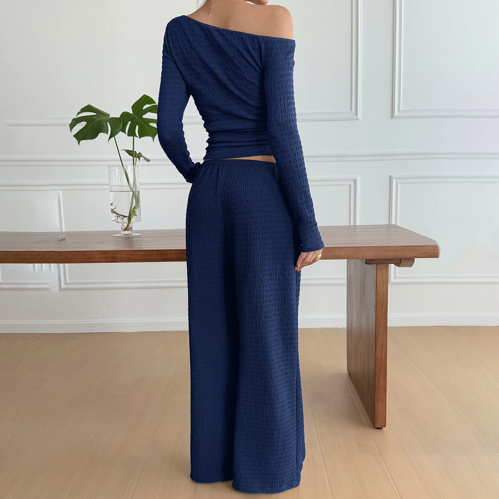 Conjunto de 2 piezas para Mujer, Tops fruncidos de manga larga con hombros descubiertos y pantalones de pierna ancha, colección Conjunto Dos Piezas para Mujer