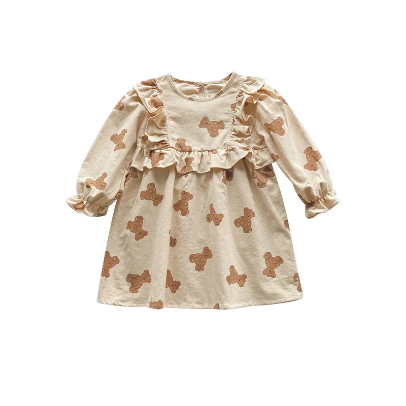 Children's Bear Print Long Sleeve Dress for Girls, Autumn Sweet Ruffle Round Neck Dress