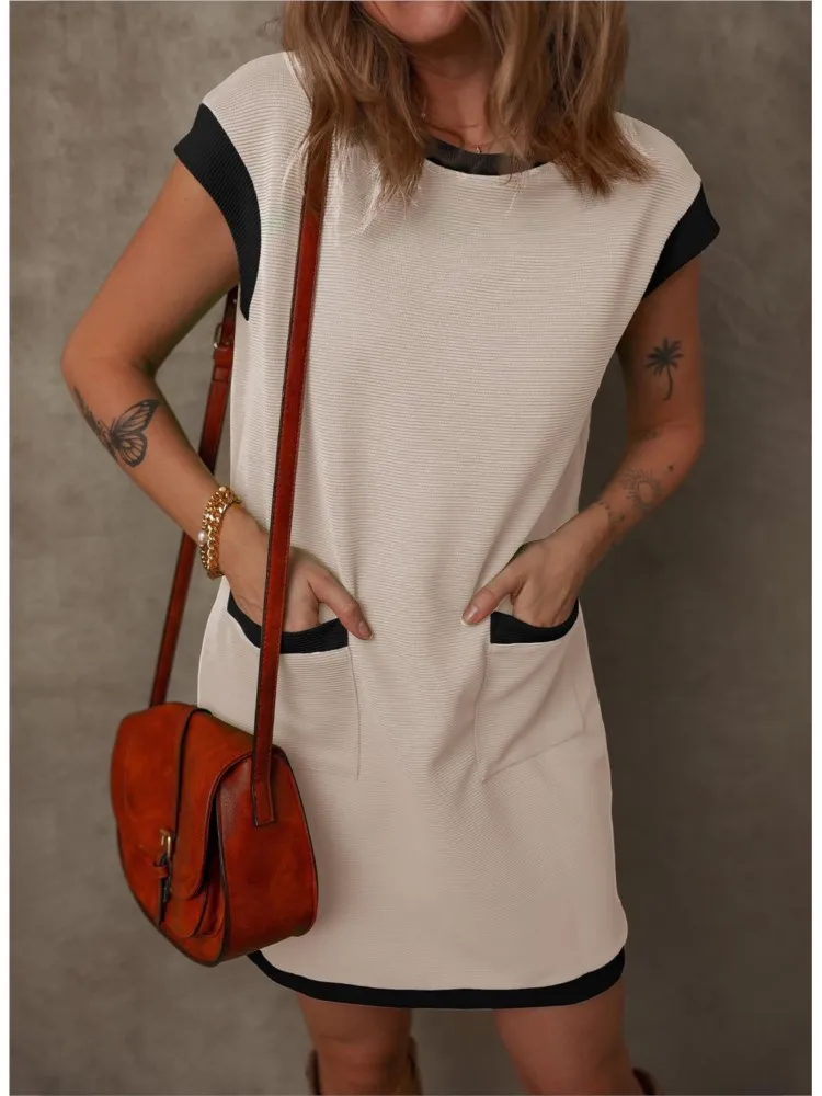 Summer Loose Dresses Women's Casual Pocket Blocked Straight Tube T-shirt O-Neck Short Sleeve Mini Dresses For Women Streetwear