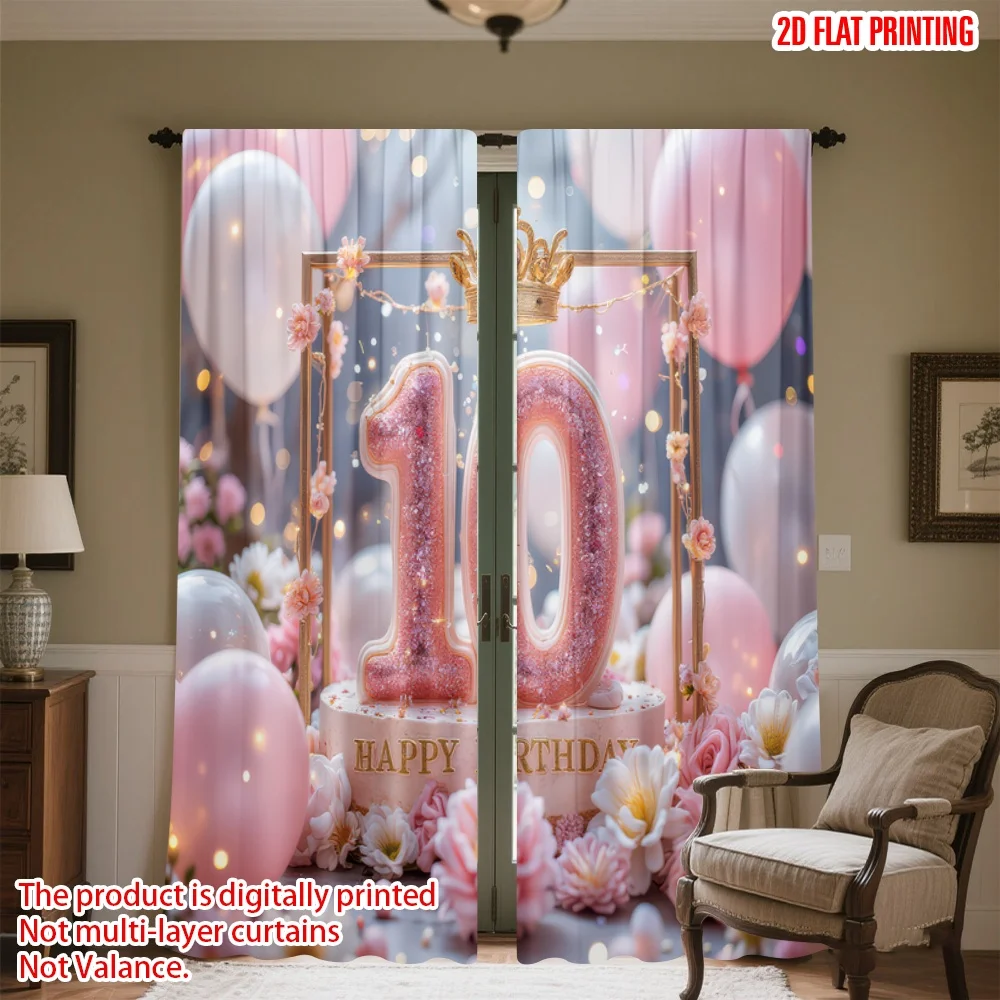 

2D flat printing 2pcs Window Curtains Birthday Celebration with Flowers Digital Printed Polyester Drapes Party Decorations Use