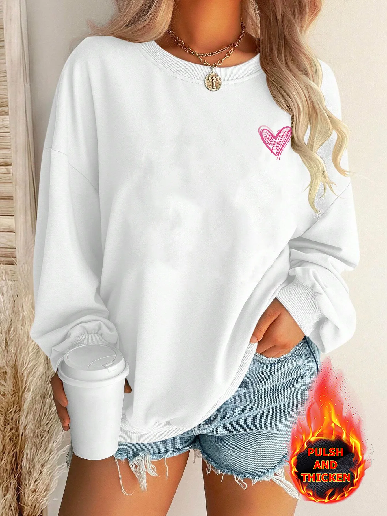 

Round Neck Sports Fashion Quality Autumn Winter Cotton Women's Plush thickened Casual Heart shape print Long Sleeve Clothing