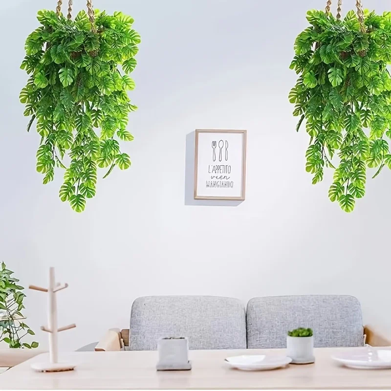 2 Stück künstliche Pflanzen, Monstera-Blattranken, grüne Hängegirlande für Wanddekoration, Hausgarten, Hochzeit, Party, Dekoration, gefälschte Pflanze – Detail 5
