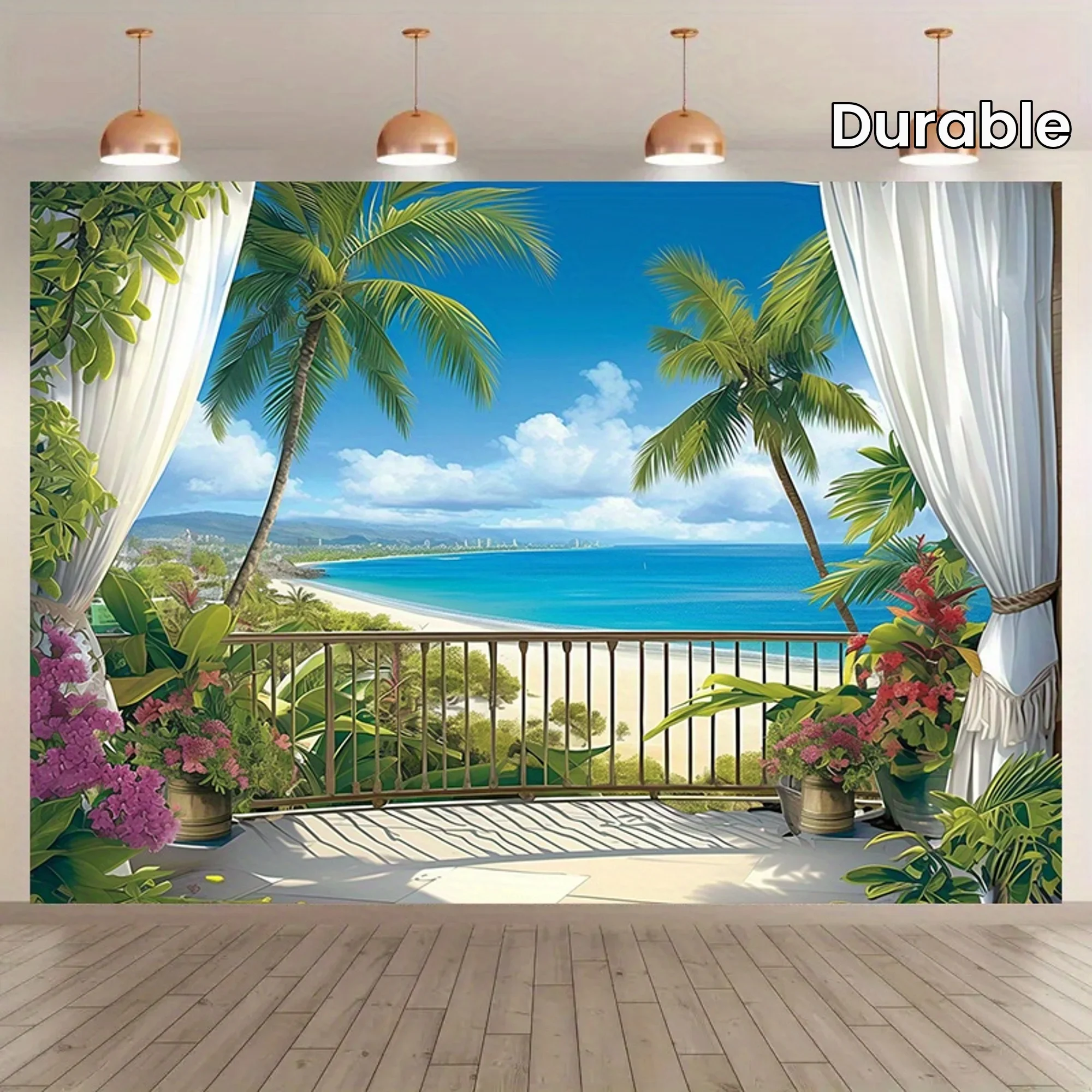 Multifunktionales tropisches Meer- und Balkon-Hintergrundtuch mit Holzbrücken für Fotografie – Geburtstage und Partys