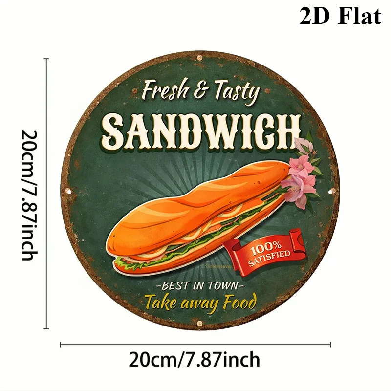 Vintage Sandwich Round Aluminum Sign 8x8in Retro Kitchen Cafe Decor
