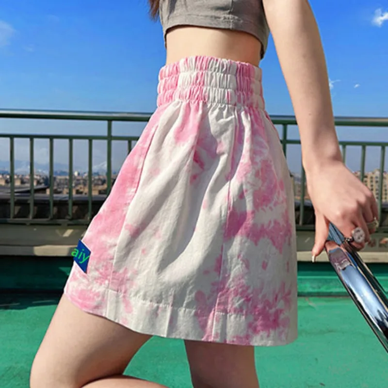 شورت التعادل صبغ للنساء ملابس الصيف مرونة الخصر شارع العليا الحلو كول بنات كل مباراة فضفاضة الكورية نمط جديد الموضة الإضافية