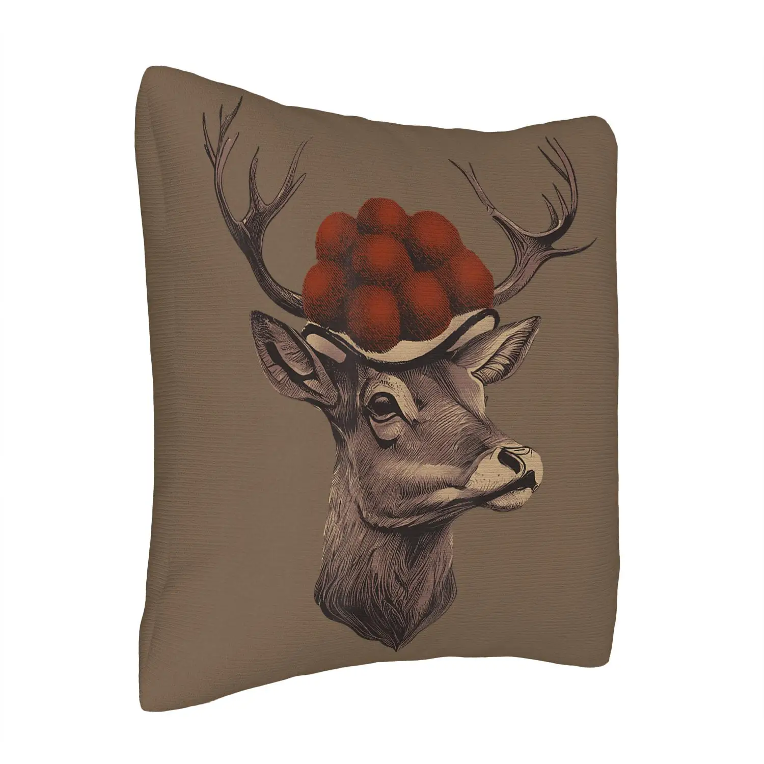 1pc 2D Flat Pillow Not Included Deer Head Red Berries Antlers Cushion Cover Plush Rustic Farmhouse Decor Nature Art Case