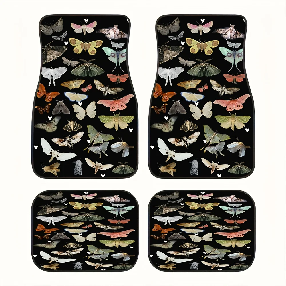 4pcs Moth And Butterfly Pattern Car Mats, Universal Front/Rear Floor Mats, Exquisite Insect Illustration Print Interior Accessor