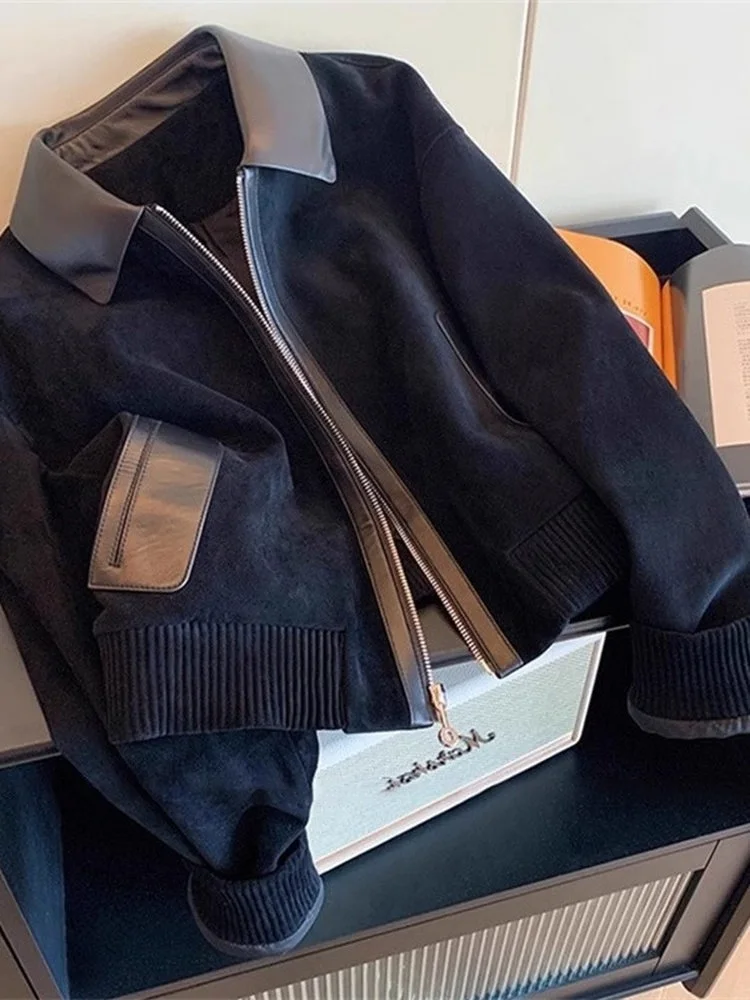 

Korean Sle Spliced Leather Flip Collar Jaet Women's Faion Design Long Sve Slimming Top Outerwear Autumn Season