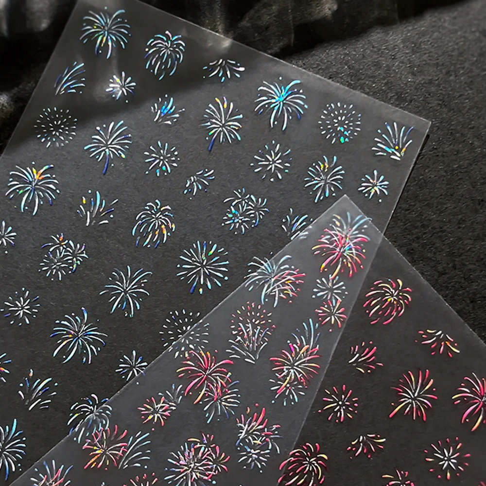 1pcs 5D Embossed Pink Silver Fire works Nail Stickers Holographic Shiny Fire works Nail Decals Premium Festival Theme Nail Decor