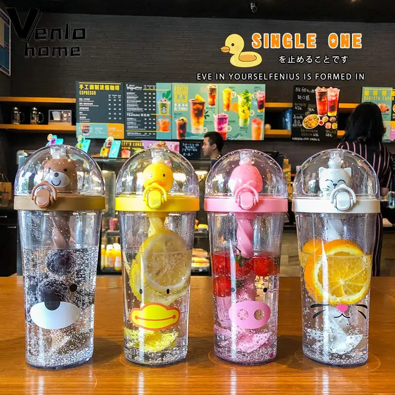 500ml Plastic Straw Water Bottle Cute Animal Drinking Bottle Juice Cup Portable Summer Home Outdoor Water Bottle Mixing Cups