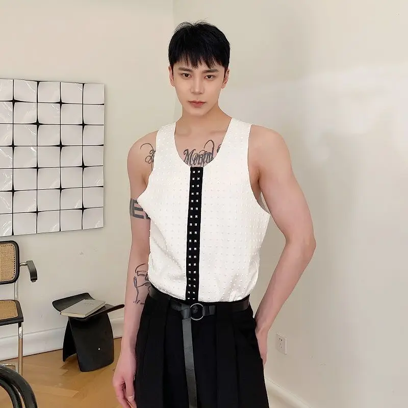 Men Cotton Tank Top Rivet Decorative Webbing Band Casual Workwear Sleeveless T Shirt, Minimalist Pullover Vest Summer Streetwear