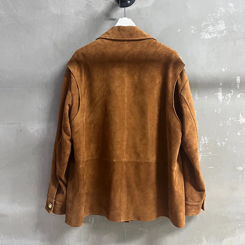 Hohe Luxus Importiert Kid Wildleder Frauen Echt Leder Blazer Jacke Klassische Revers Weibliche Taschen Beiläufige Lose Sheepksin Blazer Mäntel