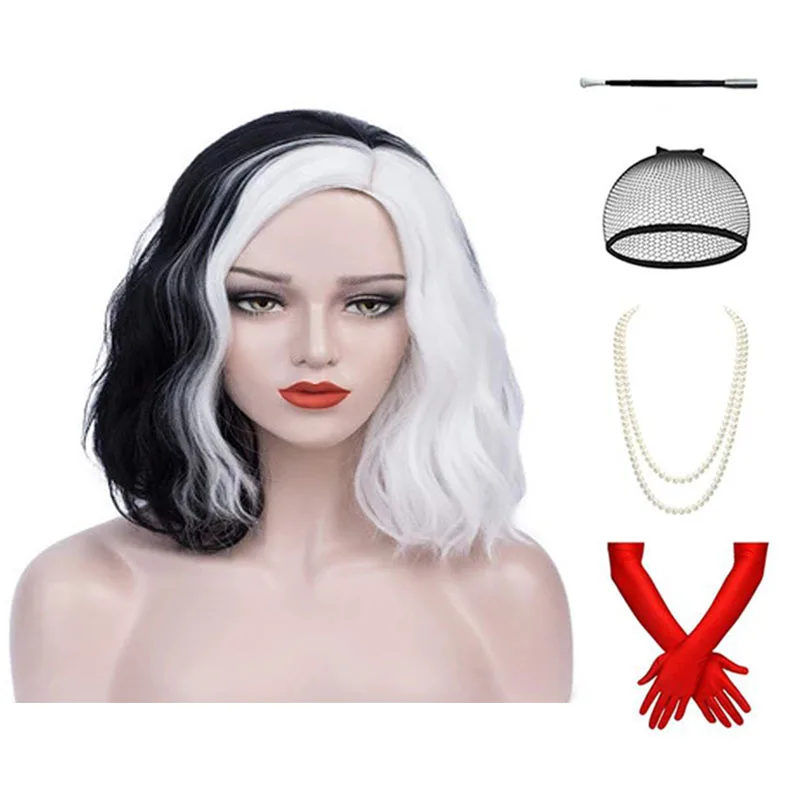 Термостойкий короткий парик с волнистыми волосами для женщин, косплей Круэлла Дьявол Вильи