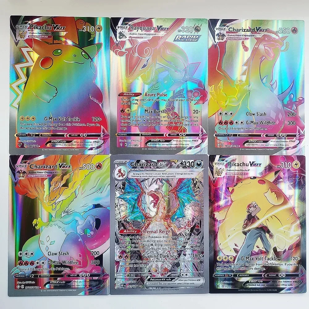 대형 영어 및 프랑스어 포켓몬 카드 30Pcs 점보 문자 카드 Vmax V EX GX Arceus Pikachu Charizard 슈퍼 반짝 이는 희귀 카드