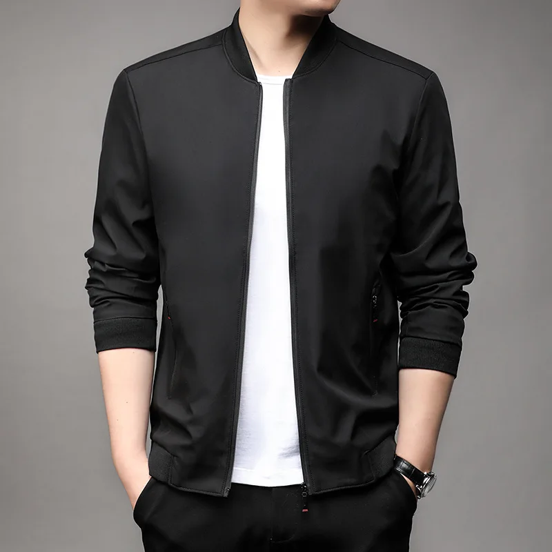 KIDWHXR Men Jacket Spring Thin Stand Collar Zipper Male Outerwear Simple Solid Color Long Sleeve Breathable Casual Man Coat