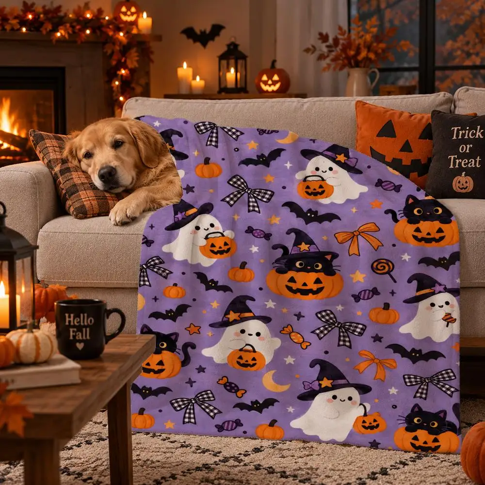 Ghost Garland Halloween Throw Throw pet throw blanket Ultra-Comfortable Flannel  blanket—Suitable for Bed Bedroom Living Room