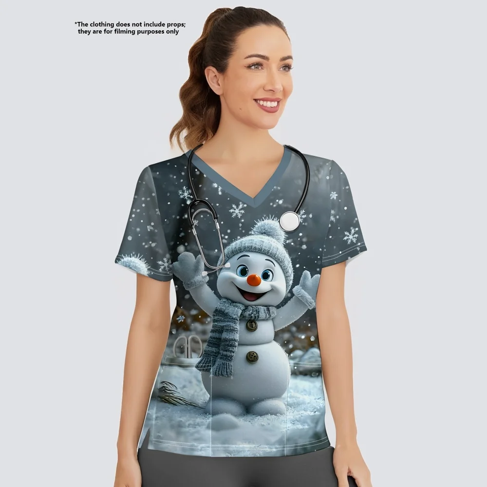 

Nurse Uniform Woman Christmas Inspired V-Neck Short Sleeve Dentist Clinical Uniform Casual Pocket Design Clinical Uniforms Woman