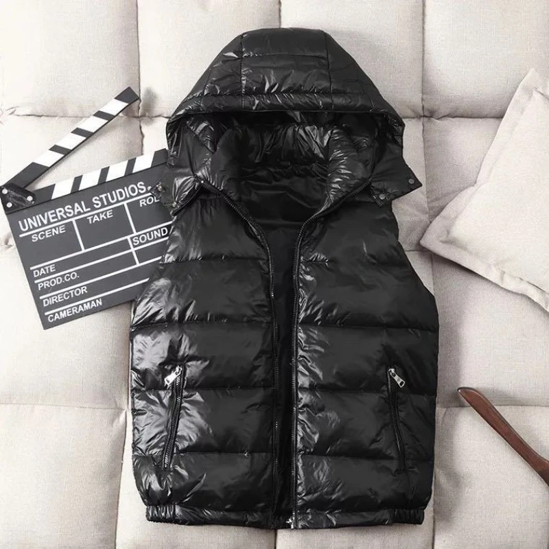 New Winter Men Hooded Goose Down Vest Sleeveless Down Jackets Quality Male Shiny Casual Down Coats Unisex Couple Winter Coats 4X
