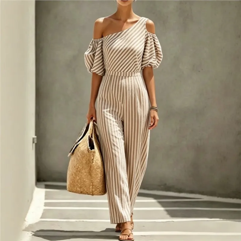 2026 New Summer Women's Jumpsuit With Striped Diagonal Shoulder Bubble Sleeves Fashionable And Comfortable Unique Jumpsuit Pants view 2
