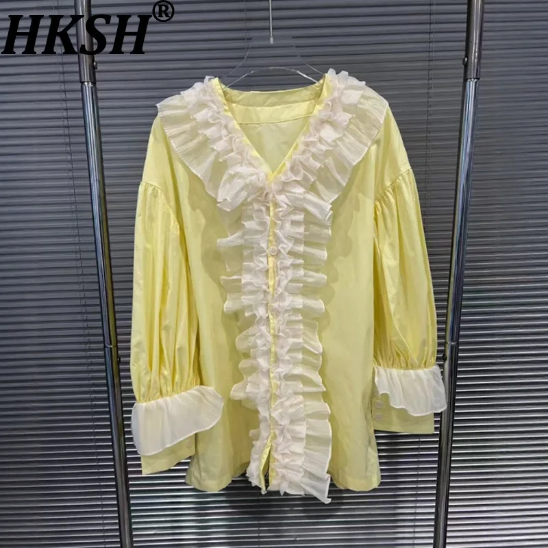 

HKSH осенняя новая женская модная рубашка с рюшами контрастного цвета с длинным рукавом для похудения High Street милые стильные повседневные топы HK9482