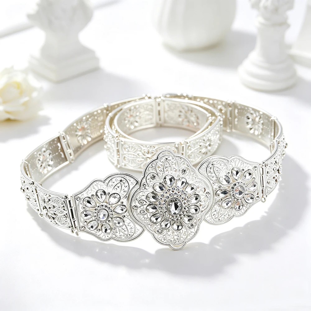 Sunspicems Silver Color Caucasus Belt For Women Rhinestones Hollow Filigree Metal Waist Belly Chain Bridal Wedding Jewelry - view 5