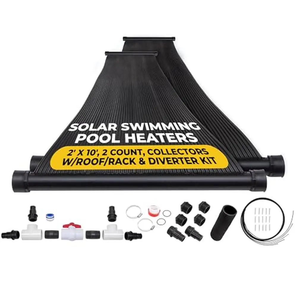 Solar Pool Heater Panels 2ft x 10ft Collectors with Roof Rack Diverter Kit Increase Swimming Season Above Ground Inground Water