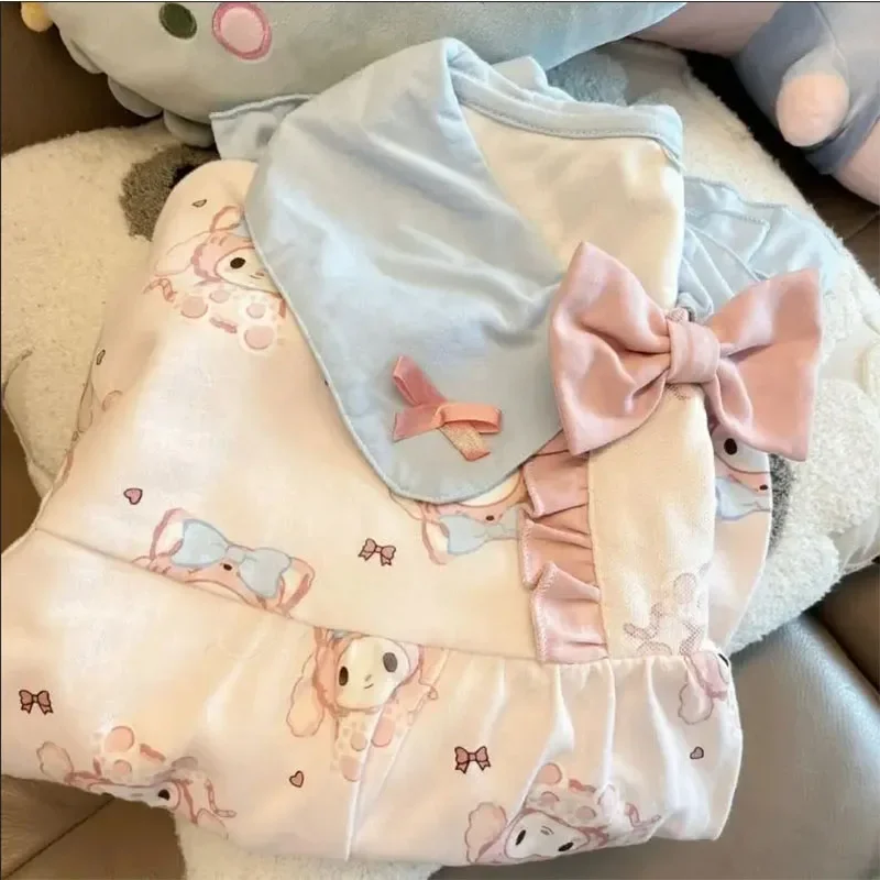 Kawaii Cute Sanrio Mymelody Pajamas Household Clothes Suit Cotton Bowknot Falbala Ins Cute Girl Christmas Gift For Girlfriend